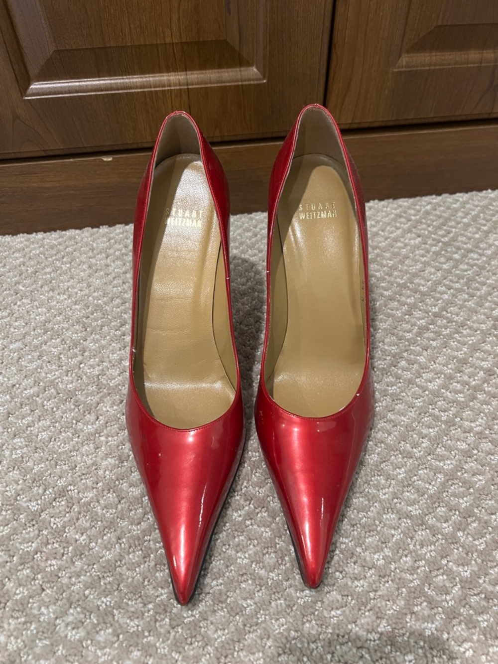 Stuart Weitzman Red Patent Pointed-Toe Pumps